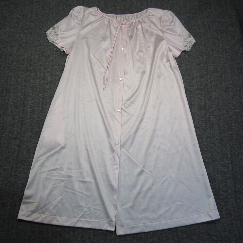 Vtg Lorraine Nightgown‎ Women M Pink Lace Trim Button Front Nylon USA 70s 80s